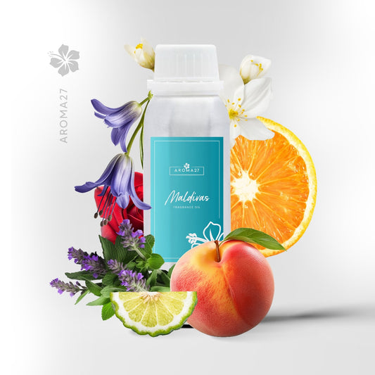 Explore the serenity and exoticism of the Maldives through our exclusive fragrance. Maldives Fragrance Oil by Aroma27 transports you to a tropical paradise with its fresh and spicy notes, offering a unique and immersive olfactory experience. Exit Notes: • Patchouli • Orange • Peach • Bergamot • Pink pepper Middle Notes…